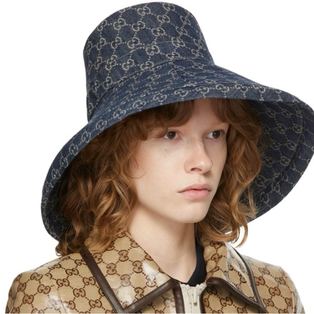 Denim Monogram Bucket Hat w Wide Large Brim Trim Jacquard Sun Coverage Navy Blue - Picture 5 of 16